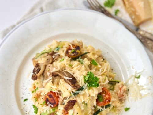 risoto austerservikute, suvikõrvitsa ja tomatitega